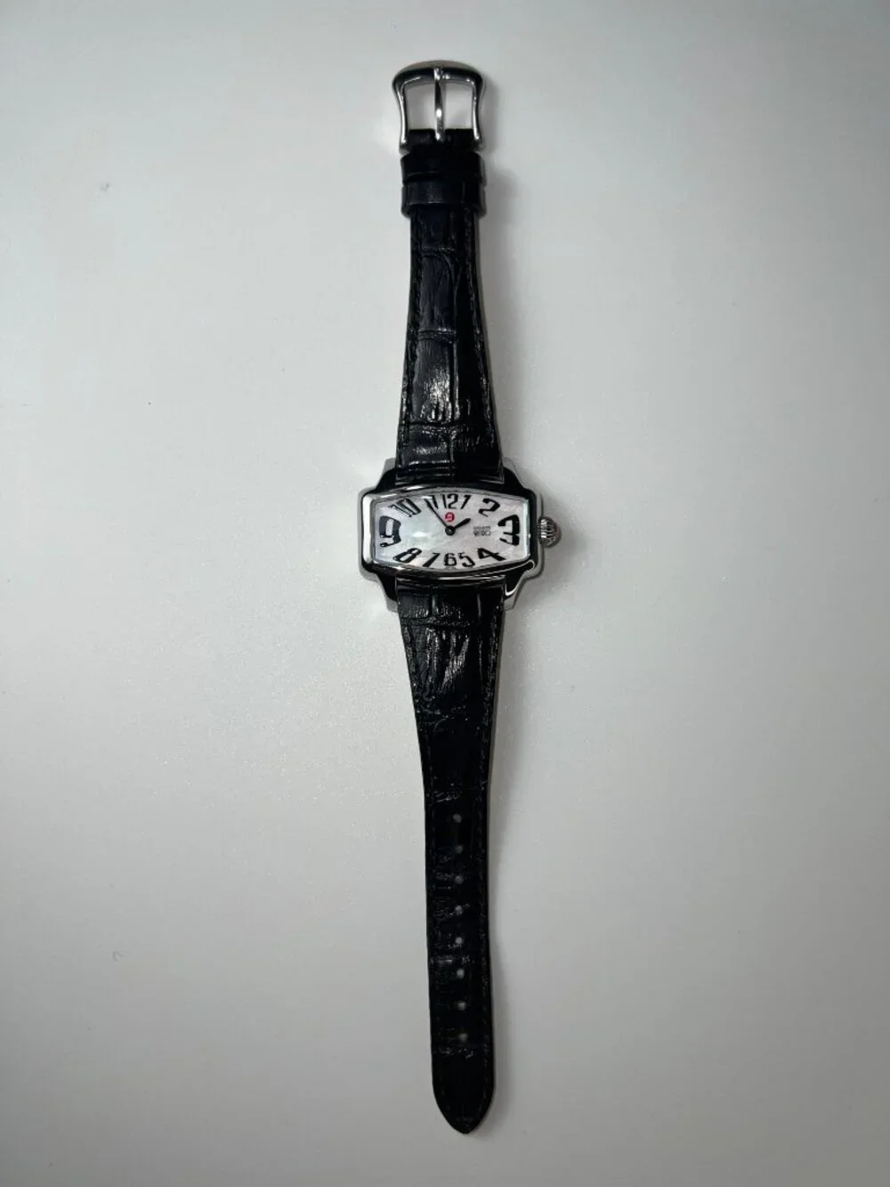 RARE MICHELE Coquette Retro Watch MOP Dial - Black Leather Belt - SWISS